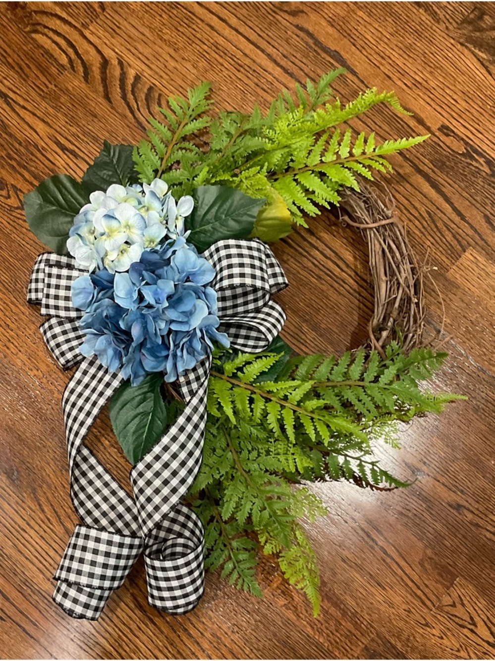 Blue Hydrangea & Fern Grapevine Wreath with Black Gingham Bow